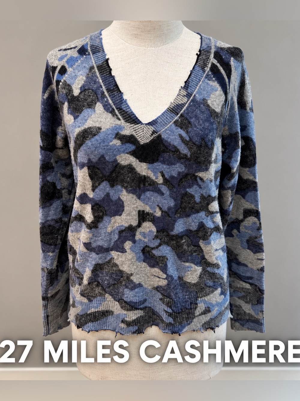 27 Miles 100% Cashmere Camo Distressed V Neck Sweater XS